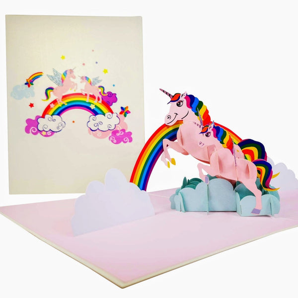 2 Pink Unicorns on a Rainbow Pop-Up Card