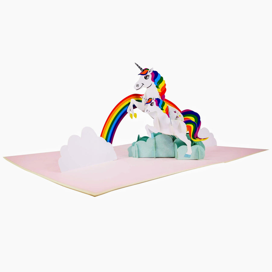 2 White Unicorns on a Rainbow 3D Pop Up Card UK