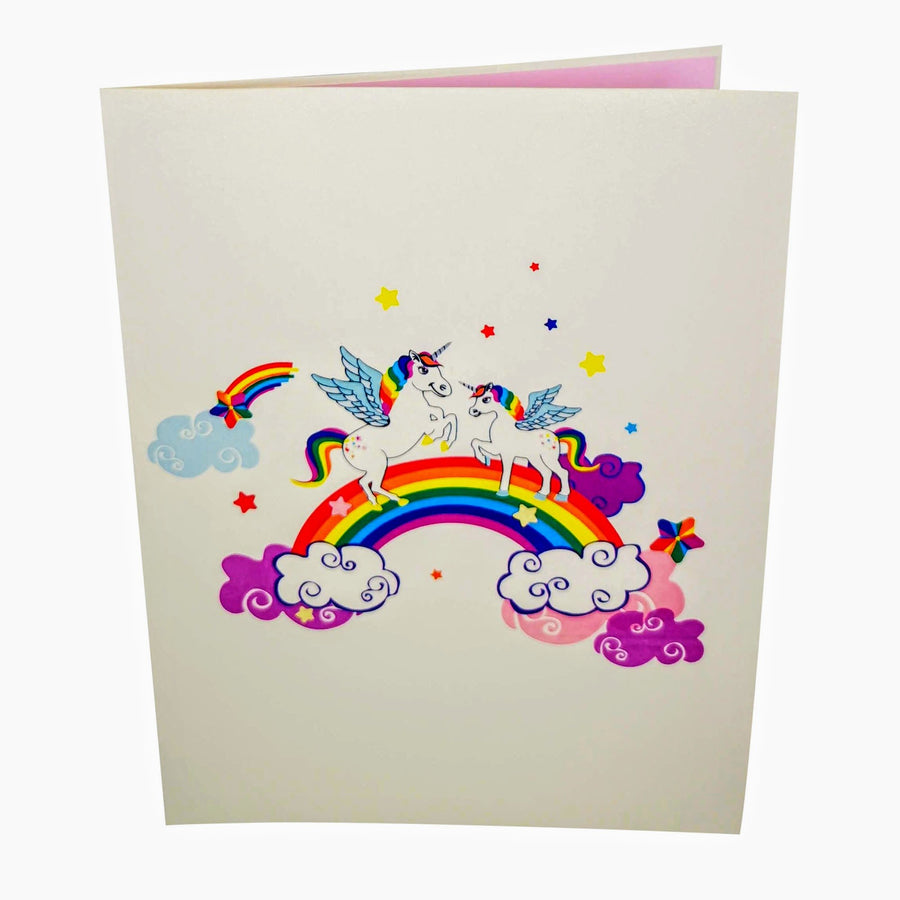 2 White Unicorns on a Rainbow 3D Pop Up Card UK