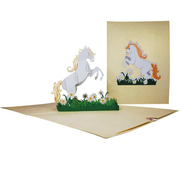White Horse in Daisy Field Pop-Up Card