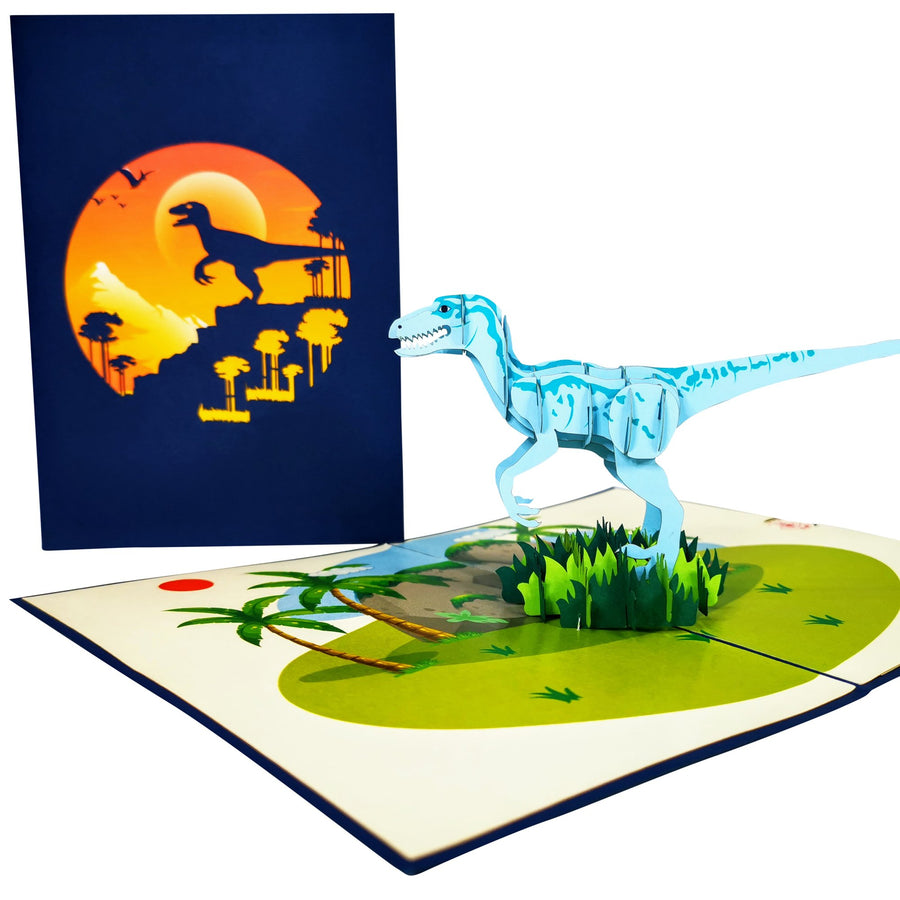 Blue Velociraptor 3D Pop Up Card UK