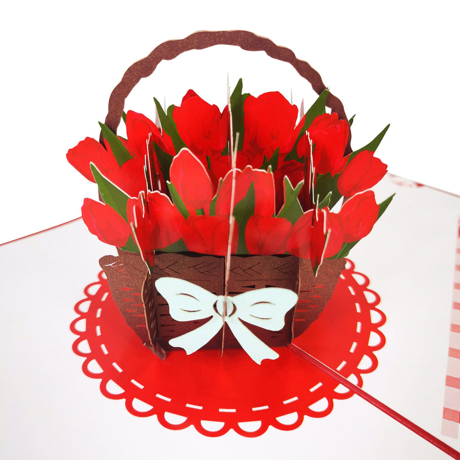 Red Tulip Flower Basket 3D Pop Up Card UK