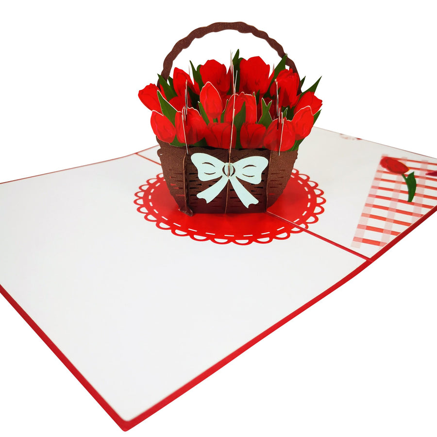 Red Tulip Flower Basket 3D Pop Up Card UK