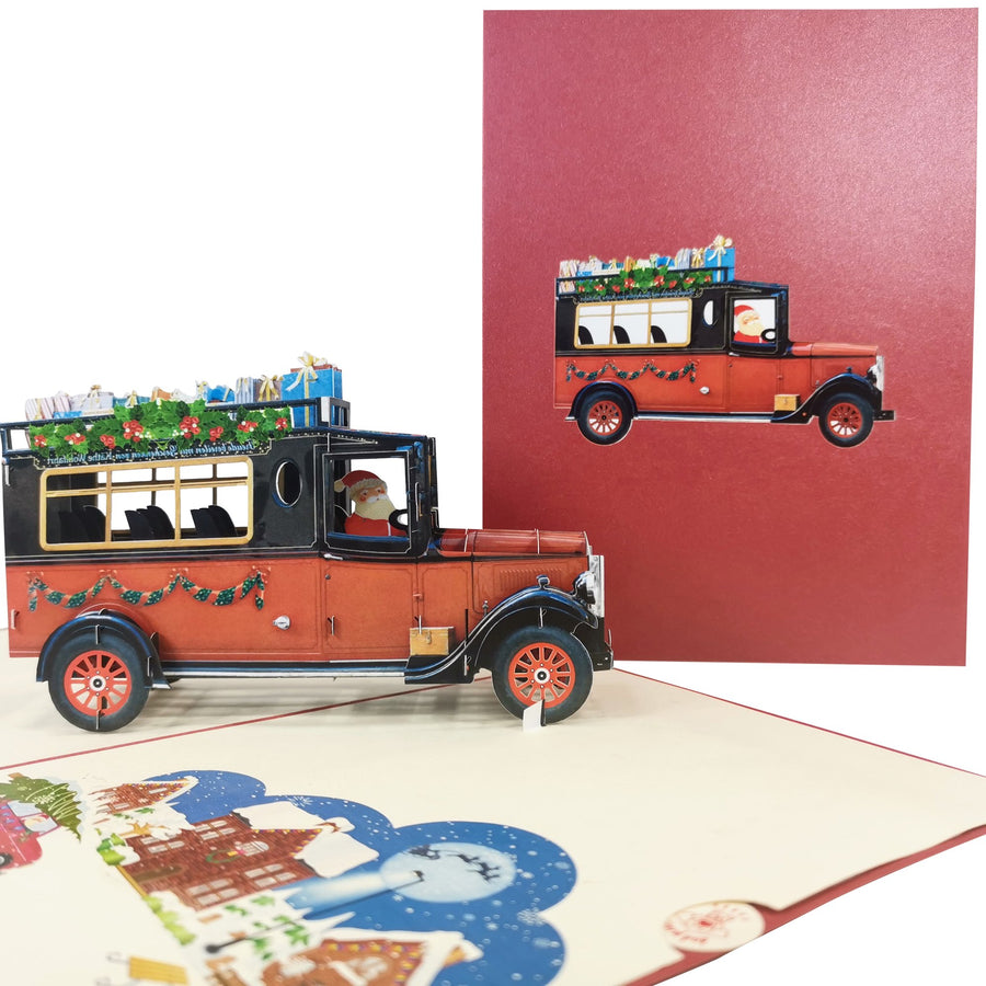 Santa Delivering Presents in Red Car 3D Pop Up Christmas Card UK