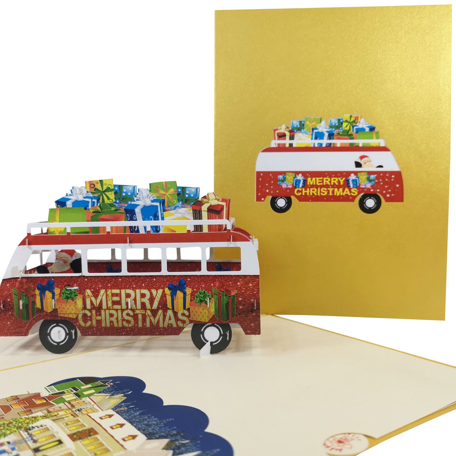 Santa Delivering Presents in Campervan 3D Pop Up Christmas Card UK