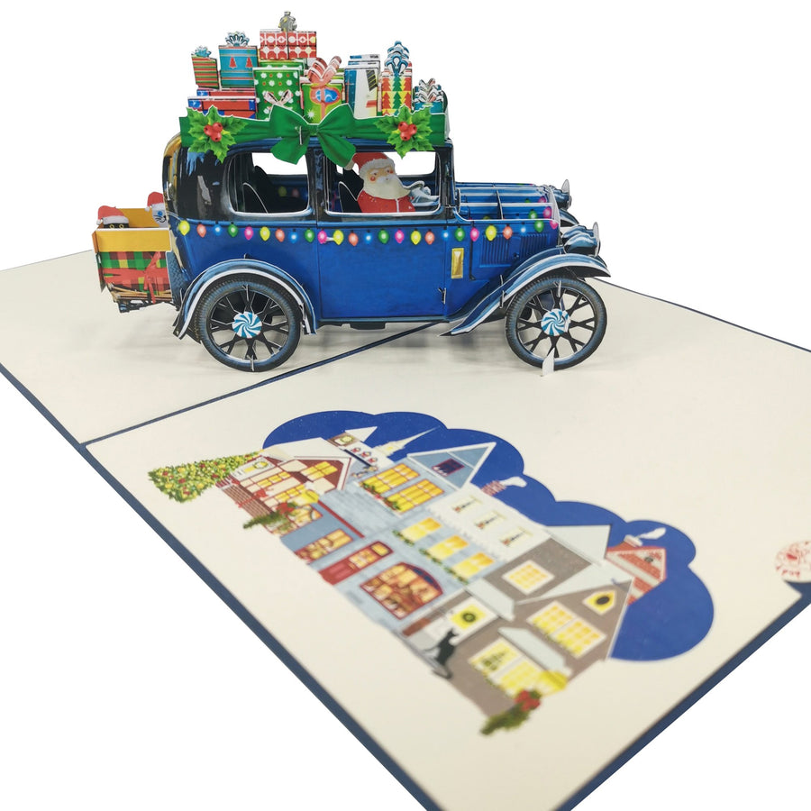 Santa Delivering Presents in Blue Car 3D Pop Up Christmas Card UK