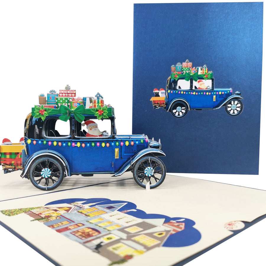 Santa Delivering Presents in Blue Car 3D Pop Up Christmas Card UK