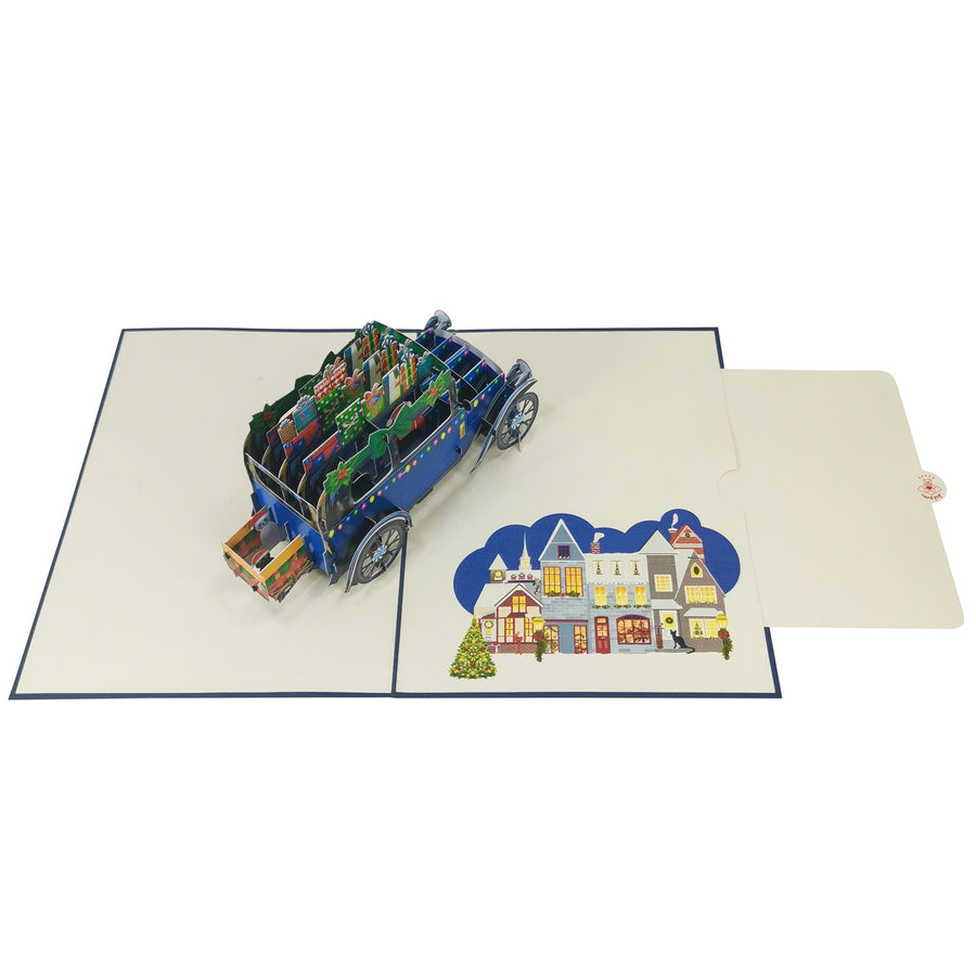 Santa Delivering Presents in Blue Car 3D Pop Up Christmas Card UK