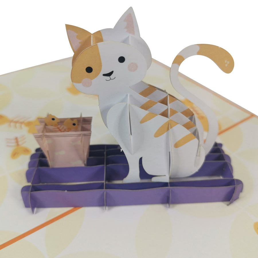 Cat Enjoying Fish 3D Pop Up Card UK