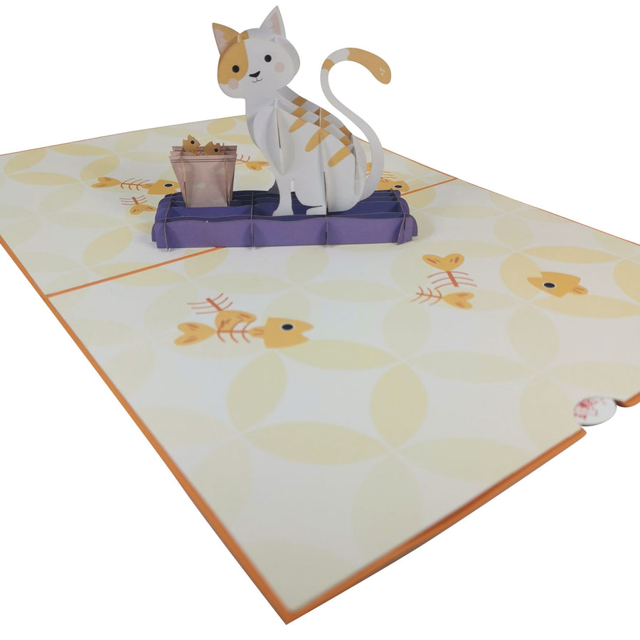 Cat Enjoying Fish 3D Pop Up Card UK
