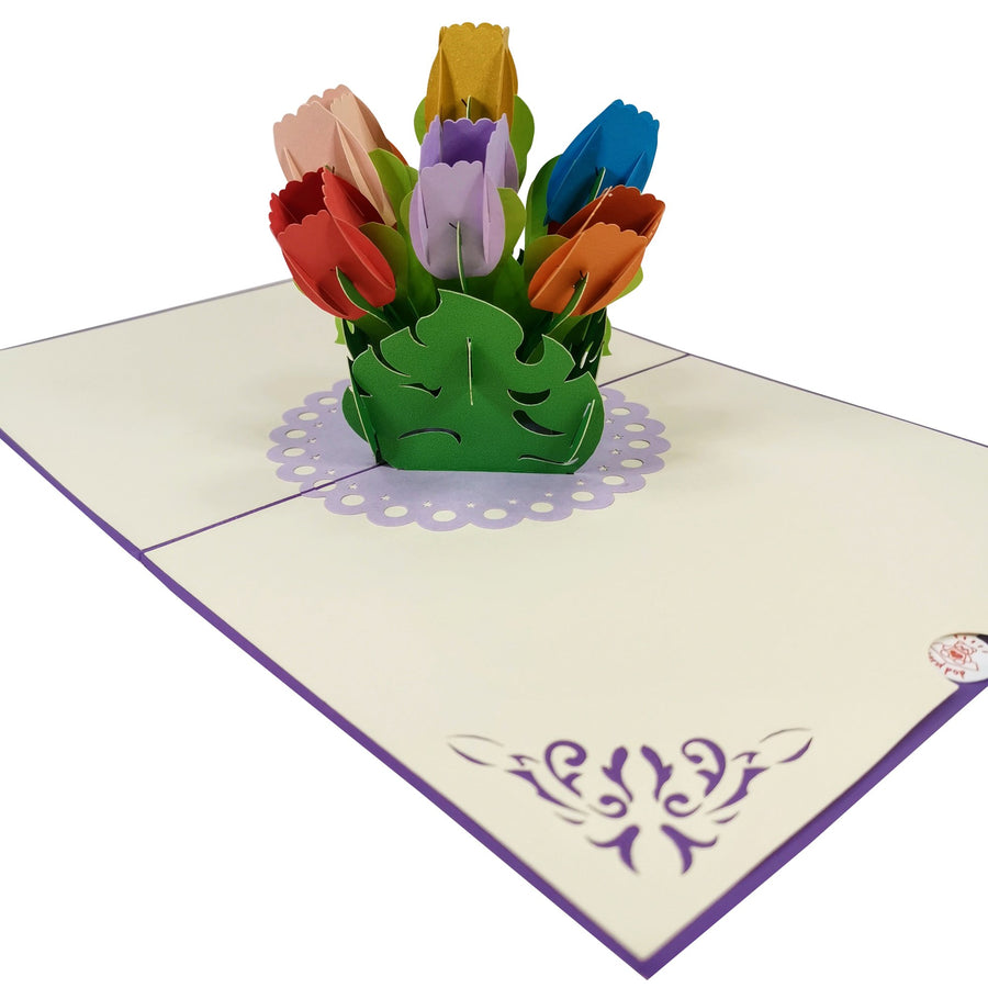 Mixed Colour Tulip Flower Bouquet 3D Pop Up Card UK