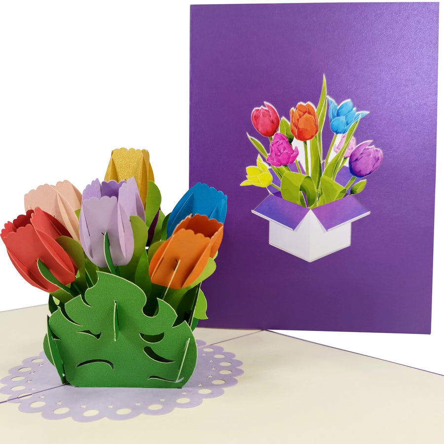 Mixed Colour Tulip Flower Bouquet 3D Pop Up Card UK