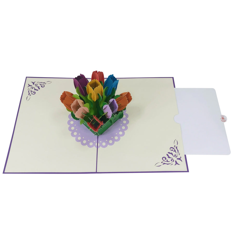 Mixed Colour Tulip Flower Bouquet 3D Pop Up Card UK