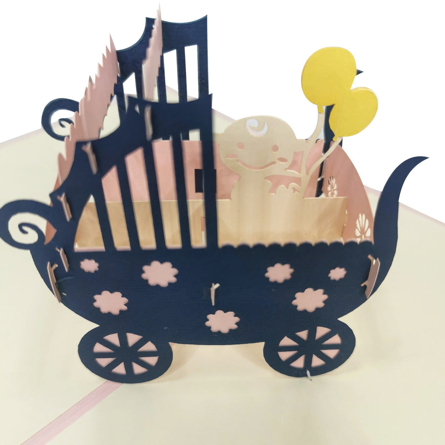 New Baby Girl in Pram 3D Pop Up Card UK