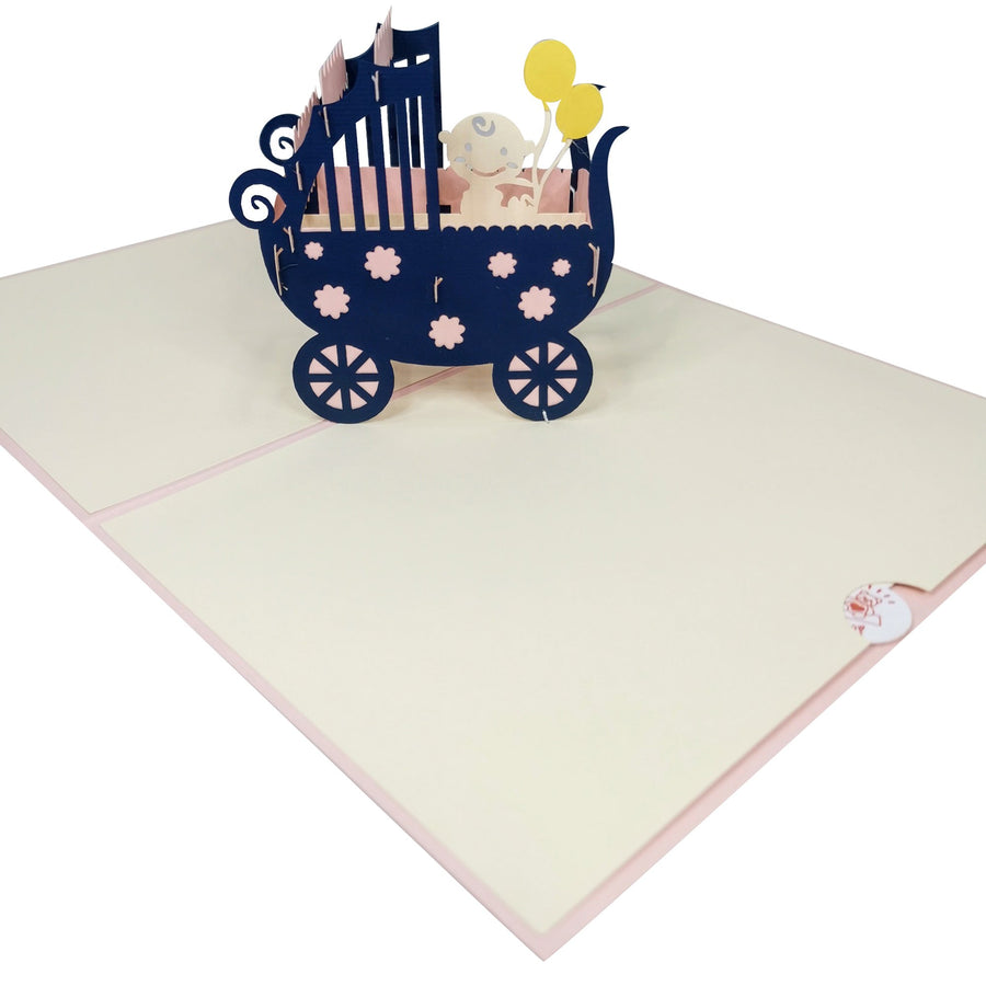 New Baby Girl in Pram 3D Pop Up Card UK