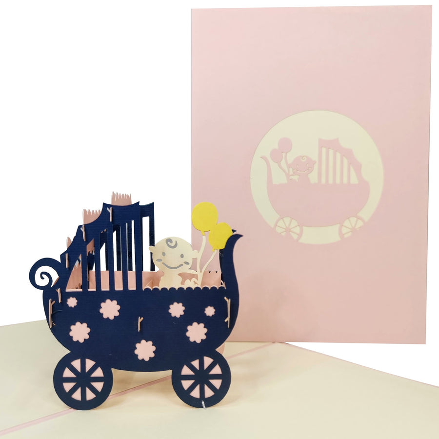 New Baby Girl in Pram 3D Pop Up Card UK