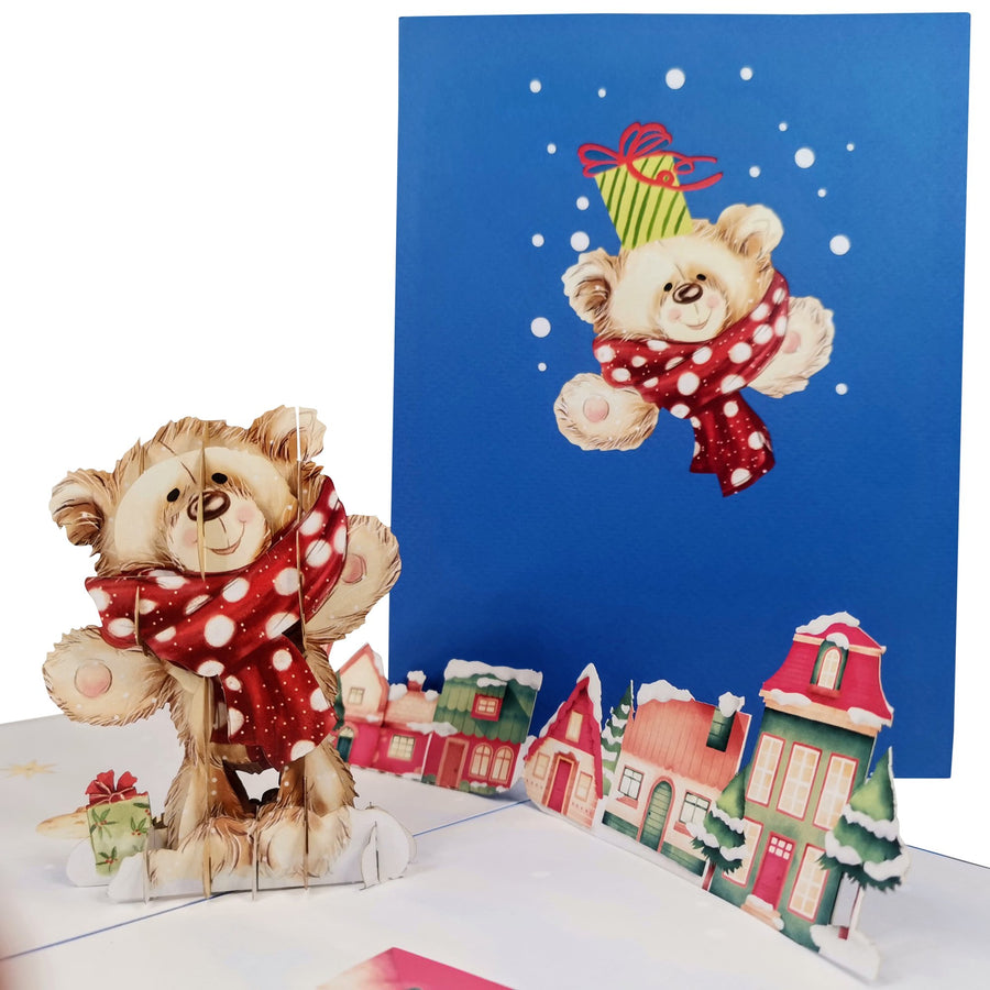 Christmas Teddy In Town 3D Pop Up Christmas Card UK