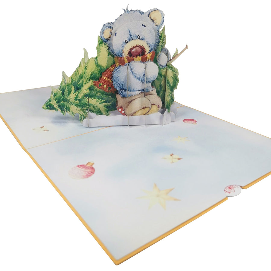 Teddy Bear Bringing Tree Home 3D Pop Up Christmas Card UK