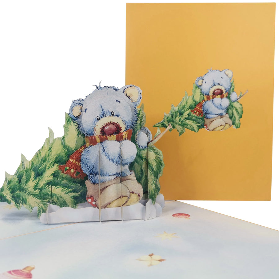Teddy Bear Bringing Tree Home 3D Pop Up Christmas Card UK