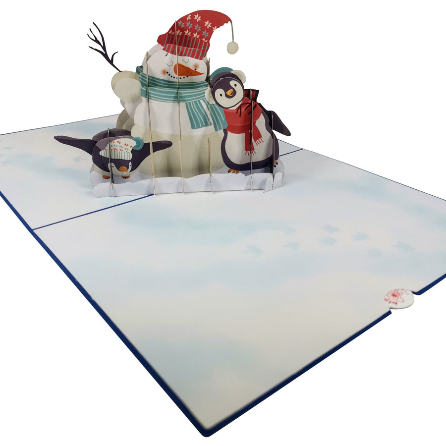 Snowman & Penguins Playing 3D Pop Up Christmas Card UK