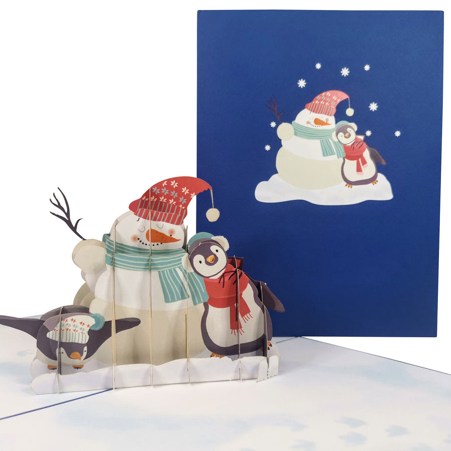 Snowman & Penguins Playing 3D Pop Up Christmas Card UK