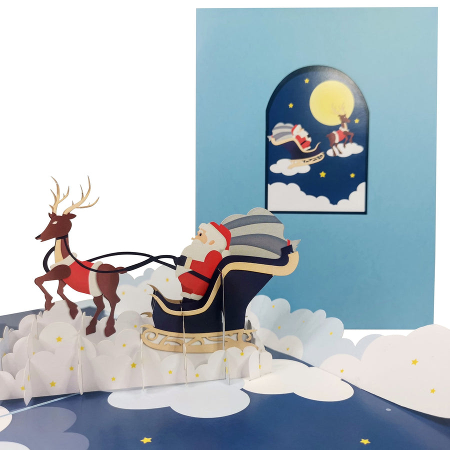 Santa & Reindeer Flying 3D Pop Up Christmas Card UK