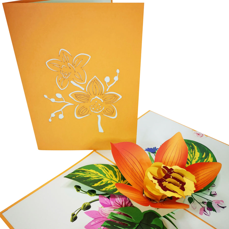 Orange Orchid Bloom 3D Pop Up Card