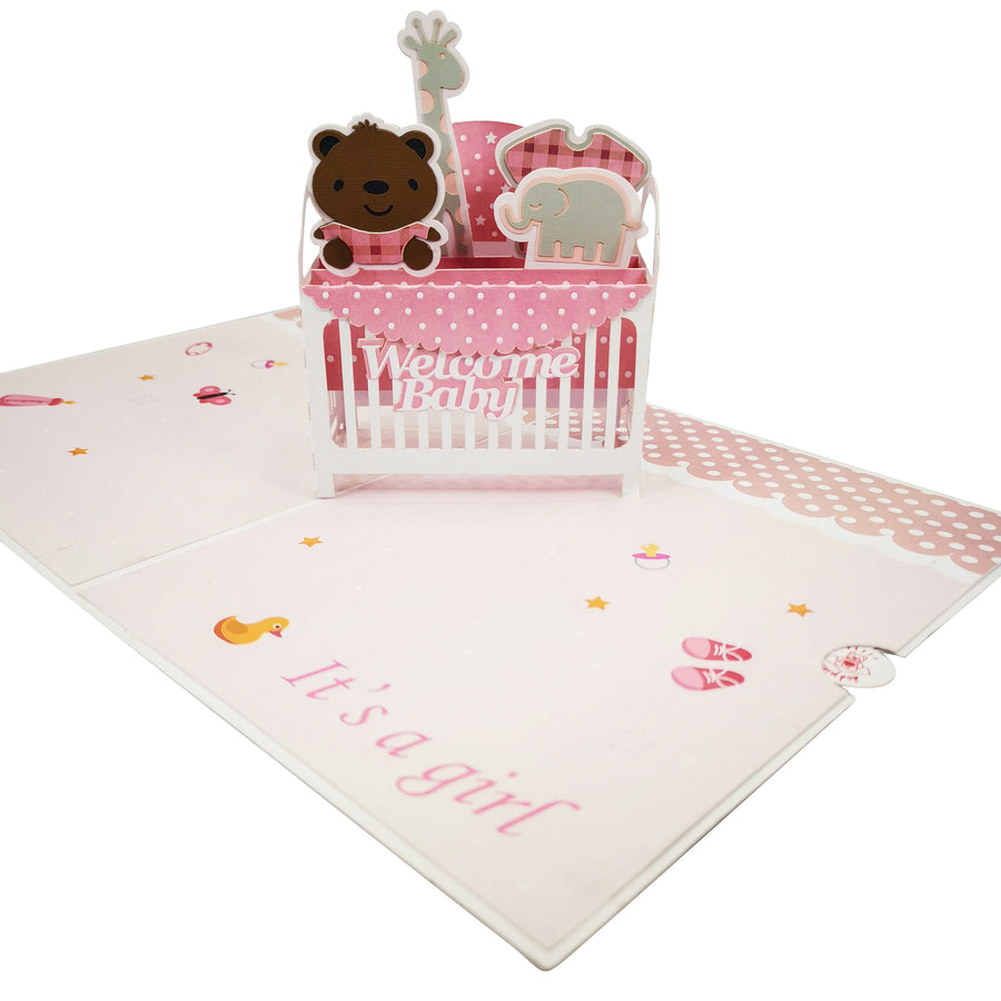 New Baby Girl Pink Cot Pop Up Card UK