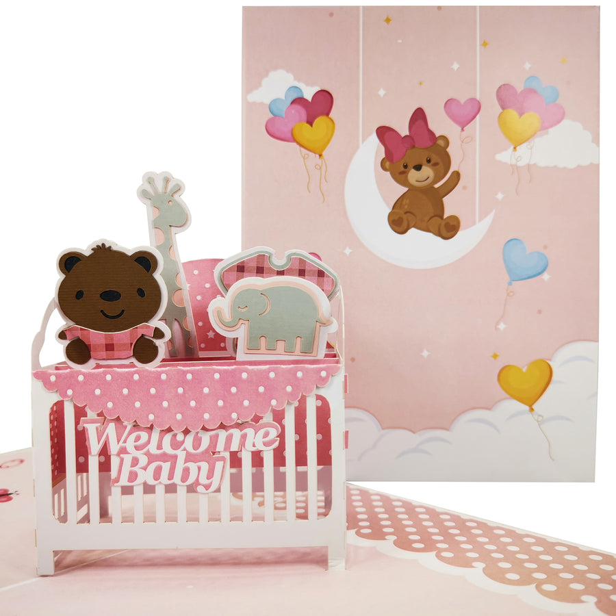 New Baby Girl Pink Cot Pop Up Card UK