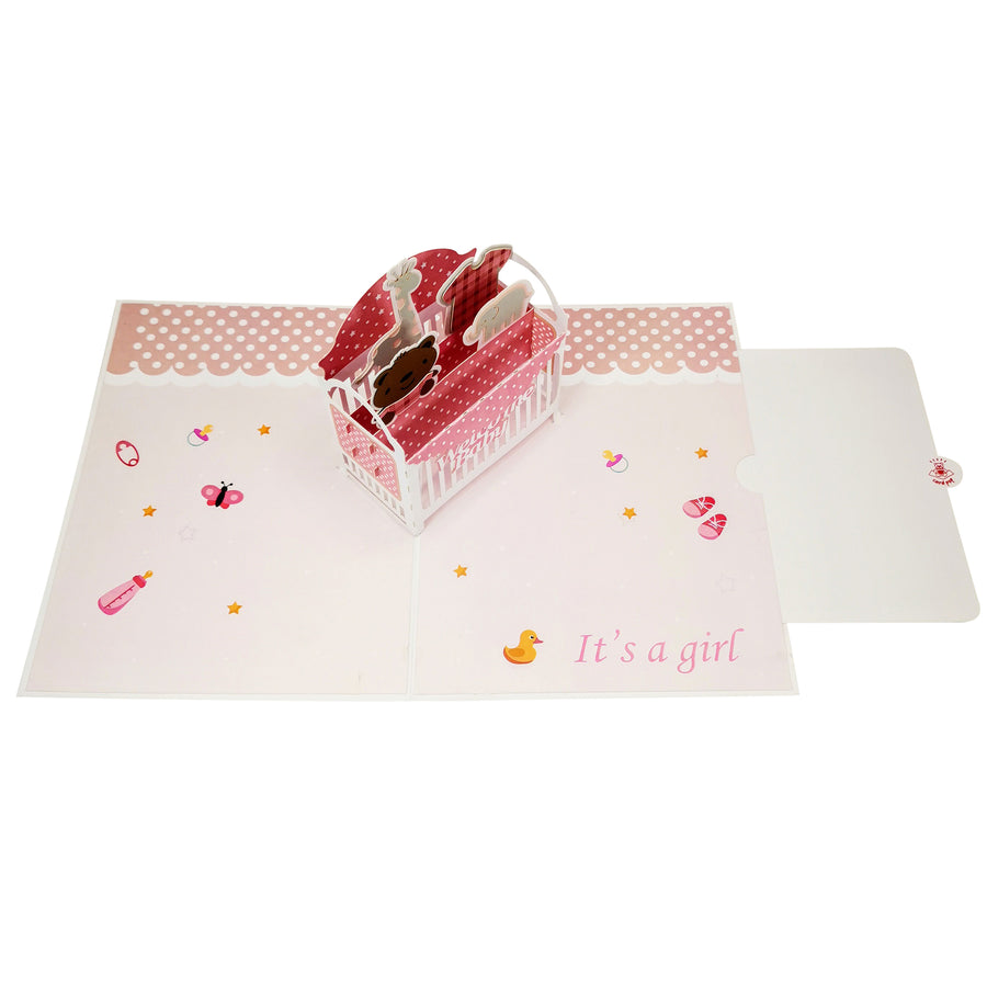 New Baby Girl Pink Cot Pop Up Card UK