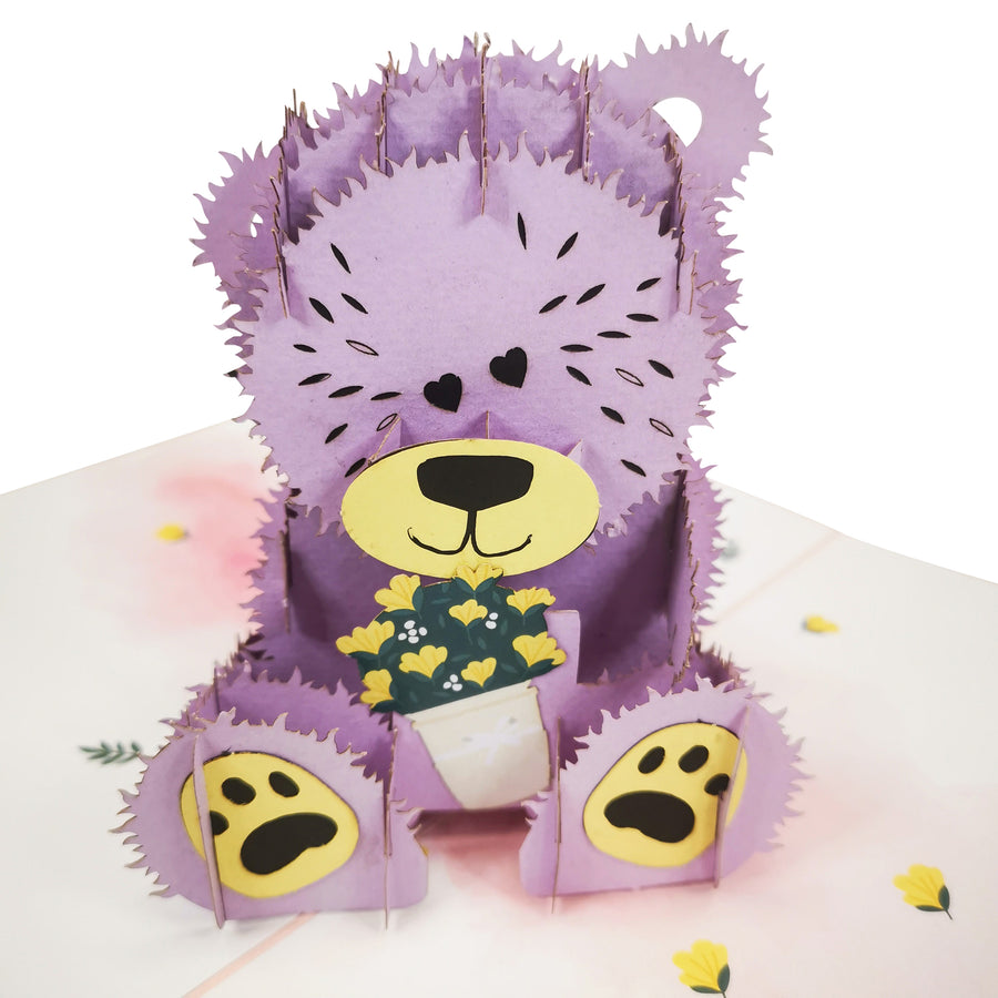 Teddy Bear & Yellow Flowers  3D Pop Up Card UK