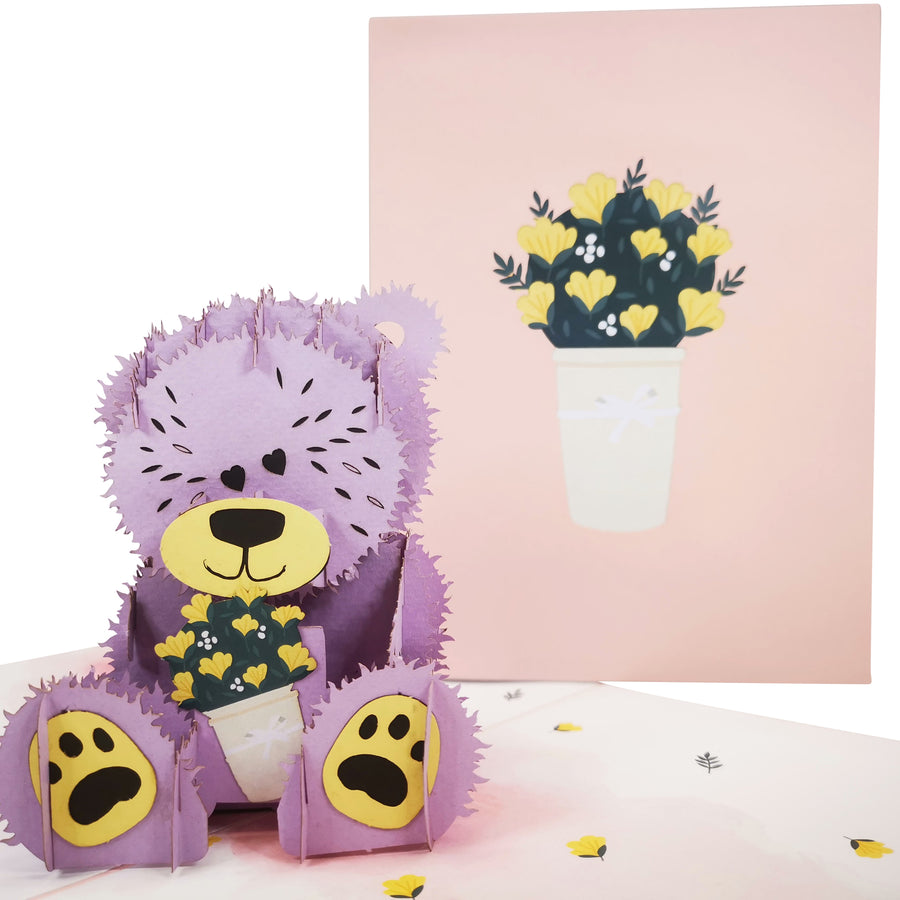 Teddy Bear & Yellow Flowers  3D Pop Up Card UK