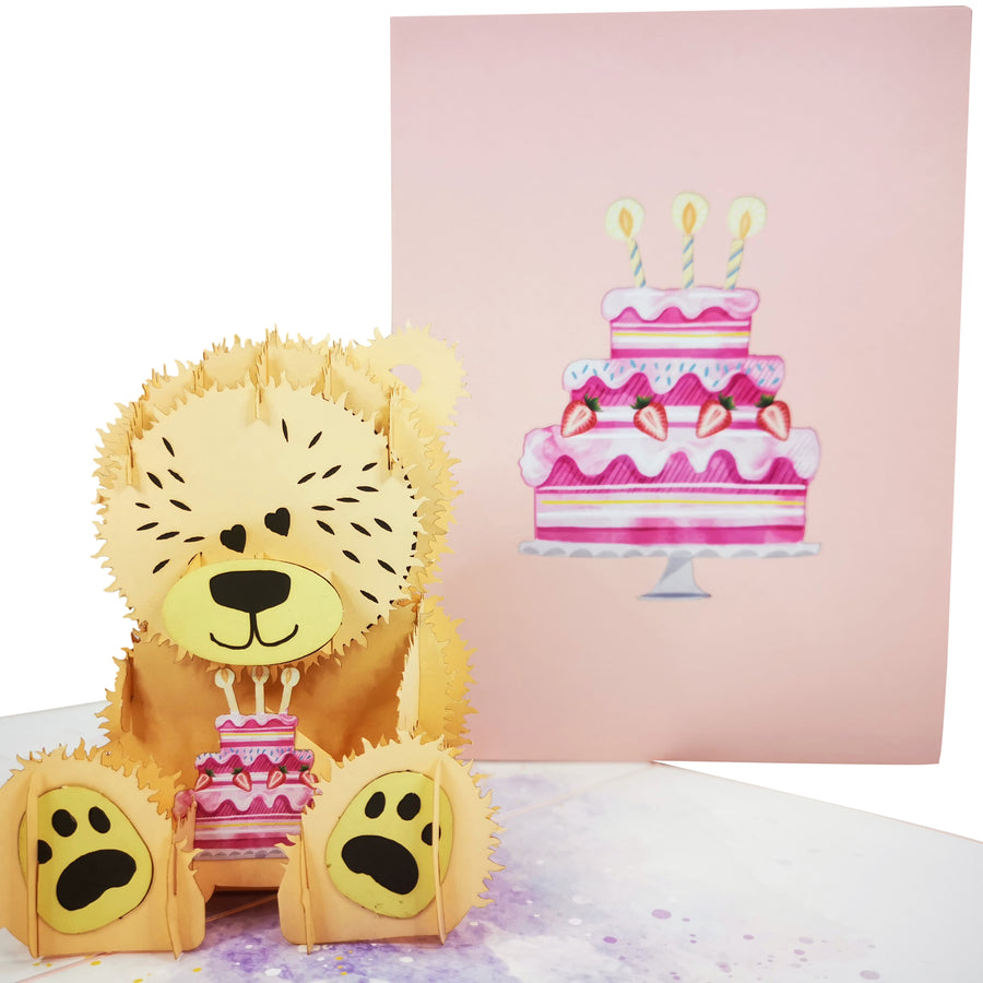 Teddy Bear & Strawberry Cake 3D Pop Up Card UK