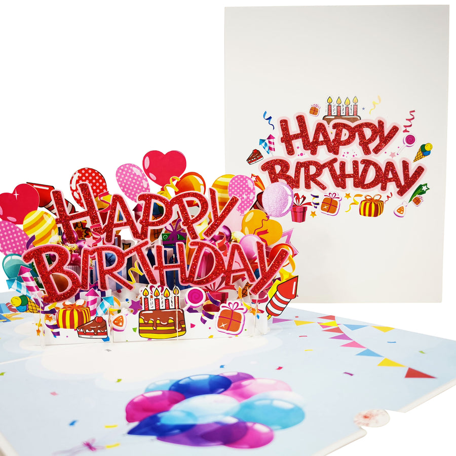 Red Glitter Happy Birthday 3D Pop Up Card UK